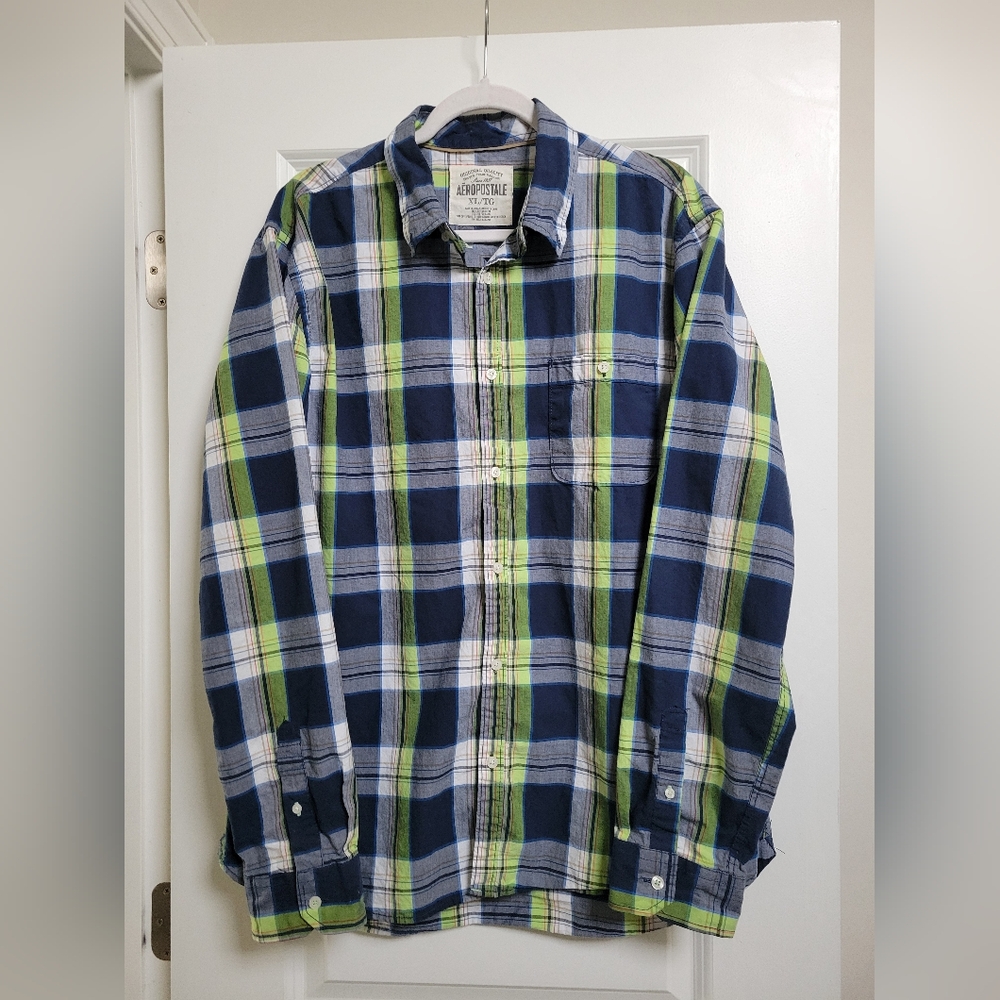 Aeropostale Blue and Green Casual Button Down Long Sleeve Shirt Size Xl
